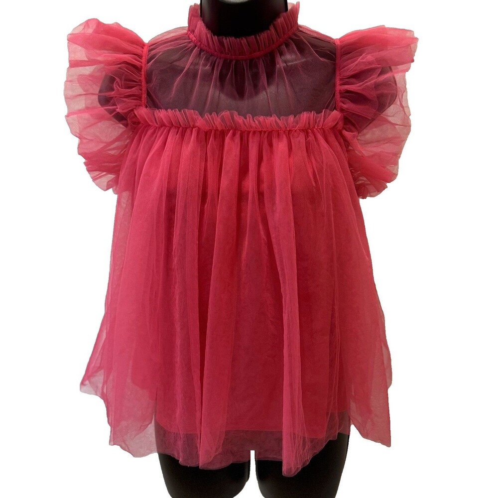 BiBi Womens Babydoll Frill Mock Neck Blouse Top Size M Cap Sleeve Hot Pink